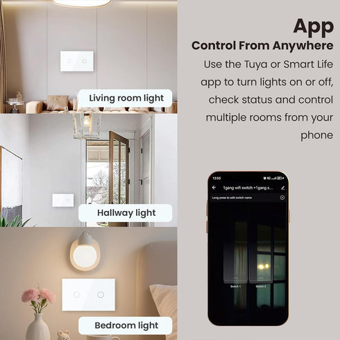 LOUYSGEN Switch,4.65 2.83 1.34 Inches,Neutral Panel,2.4GHz Alexa,110220V,Non-Dimmable,White 2 WiFi Light Wire