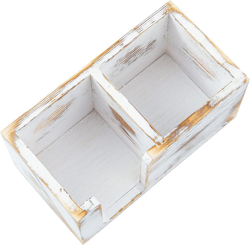 MyGift Shabby White Washed Solid Wood Sticky Note Holder, Office Desktop Storage Caddy for Memo Pads and Pens