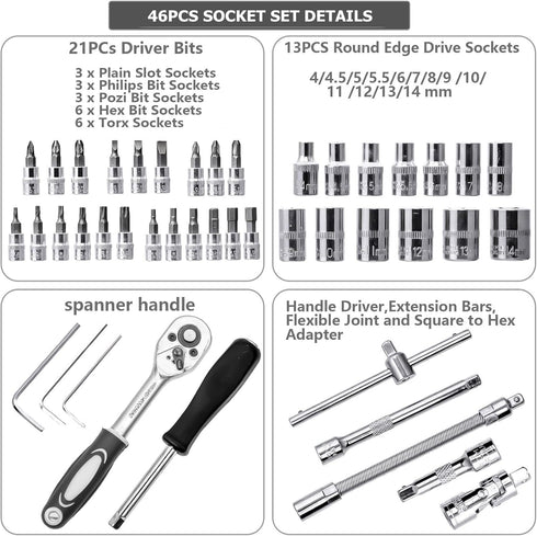 YUFANYA 46PCS 1/4 inch Drive Socket Set,Metric Ratchet Wrench Set with 4-14mm CR-V Sockets,S2 Bits,Extension Bars,Mechanic Tool Kits for Household Auto Repair