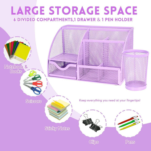 Flexzion Desk Top Caddy Organizer, Purple Office Desk Accessories with 6 Compartments, Drawer