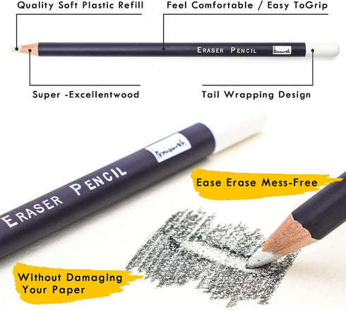 Eraser Pencils Set, Professional 3pc for Sketching, Colored Pencils, Charcoal Drawings, Fine Detail Eraser