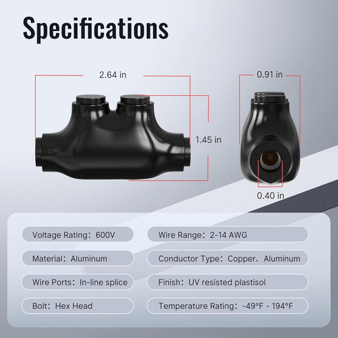 5 Pack Insulated Inline Splice Connector 2-14 AWG Aluminum to Copper Wire Connectors, 5/32" Slotted Allen Hex