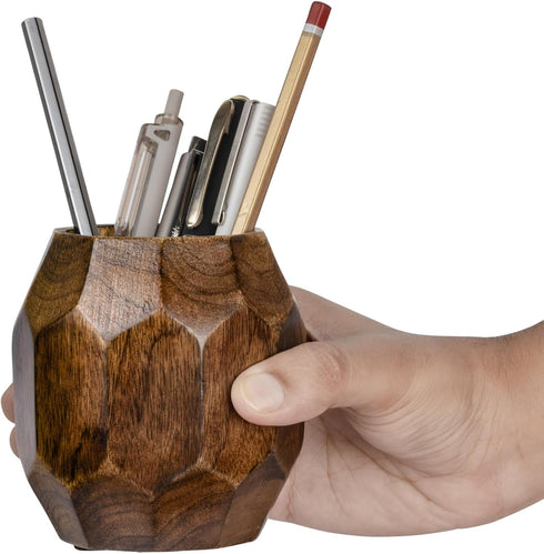 Mie Creations Geometric Pen Holder for Desk, Wooden Cute Pretty Desktop Organizer for Makeup Brushes