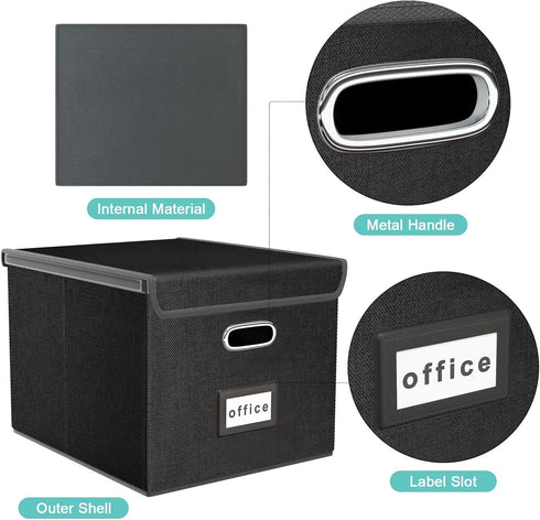 Huolewa Large Portable File Organizer Box, Black Linen Document Storage Box with Lid, Collapsible for Office/Home