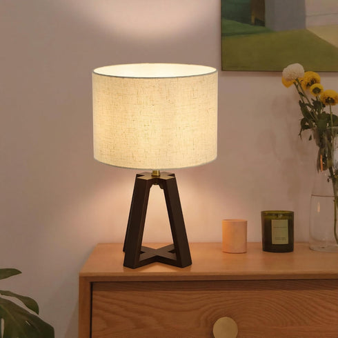 Booniture Dimmable Bamboo Table Lamp, Farmhouse Bedside Lamp with Linen Shade, Mid Century Modern Nightstand Light