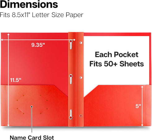Dunwell Plastic 2-Pocket Folders with 3 Prongs, 2 Pack, Red, Durable Acid-Free Document Holder