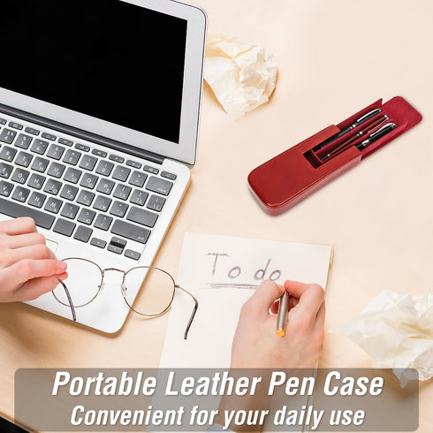 Top Grain Genuine Leather 3 Pen/Pencil Tray Case Holder, Handmade, Magnetic Closing, Glossy Red, 3 Slots, No Logo