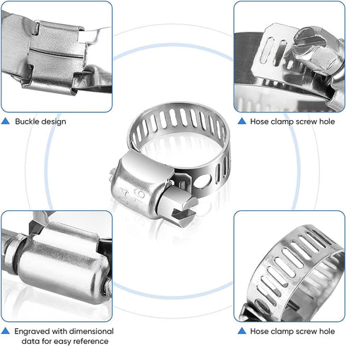 Hose Clamps, 304 Stainless Steel, 12 pcs/Pack, SAE 24 Worm Gear Adjustable Hose Clamps, 1-1/16-Inch-2-Inch (27-51mm)