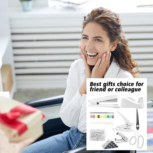 White Desk Accessories Kit, Large Stapler and Tape Dispenser Set, Gift for Students, Women, Coworkers, Boss Lady