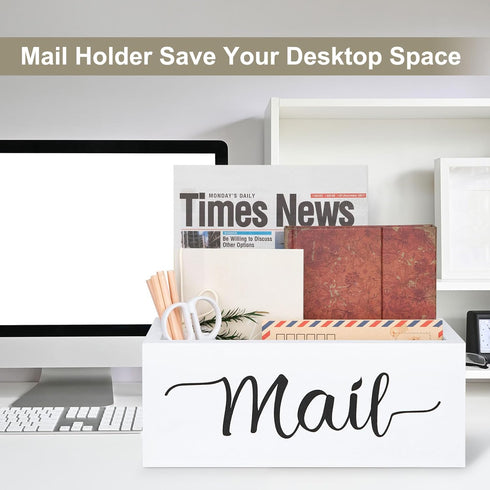 Desk Mail Organizer, Wood Countertop Storage Box with 3 Slots, Envelop Holder for Home Office (White-3 Slot)