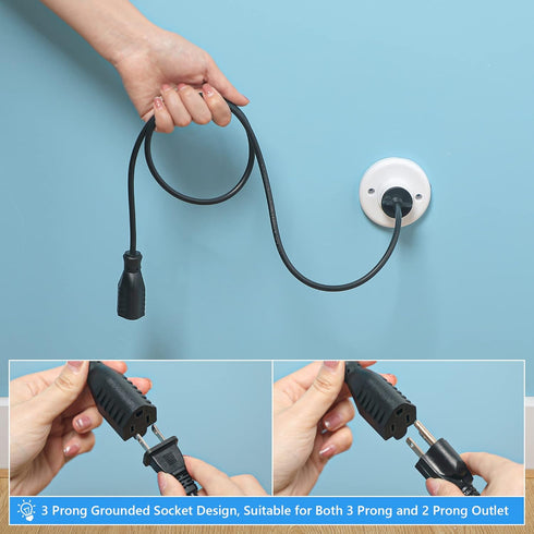 3 Outlet Light Socket Adapter - Convert E26/E27 Bulb Socket to 3 Prong Outlet with Extension Cord (Black, 1 Pcs)