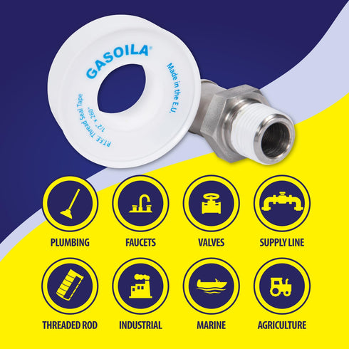 Gasoila PTFE Thread Seal Tape – Low-Density, 1/2 Inch x 260 Inch, Professional-Grade for Plumbing, Pack of 5