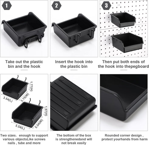 12 Pieces Pegboard Bins Kit, 3.5'' 5.5'' Plastic Storage Bins with Hooks for Organizing Hardware, Garage
