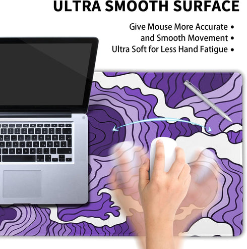 Japanese Purple White Wave XL Gaming Mouse Pad, Cartoon Sea Texture Extended Large Desk Cover, Non-Slip Rubber Base,
