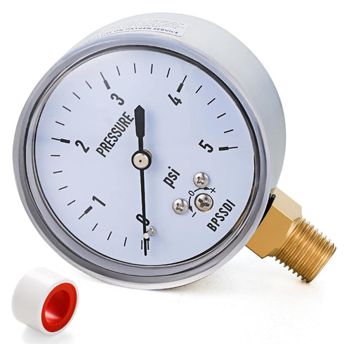 0-5 Psi Low Pressure Gauge, 2-1/2" Dial Size, 304 Stainless Steel Case, 1/4" NPT Lower Mount for Water Air Tire Test