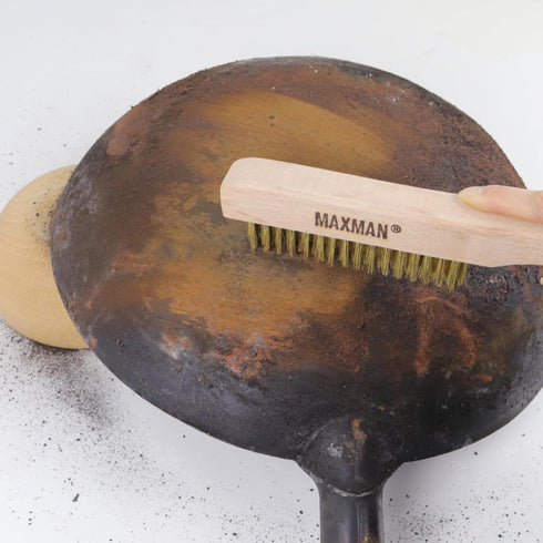 Heavy Duty Brass Brush Set 2Pcs, MAXMAN Brass Wire Brush, Metal Brush for Cleaning Rust with 10" Curved Beechwood Handle