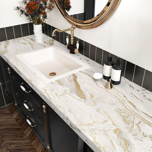 Matte Beige/Gold Marble Contact Paper, Waterproof Peel and Stick Wallpaper for Cabinet Backsplashes