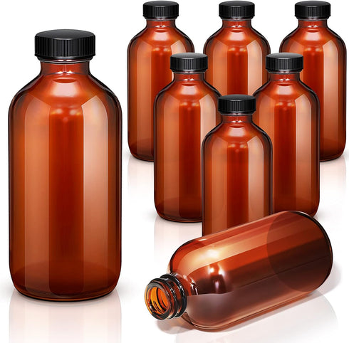 Nuenen 16 Pack 8 oz Amber Boston Round Glass Bottles with Black Poly Cone Cap for Homemade Vanilla Extract Essential