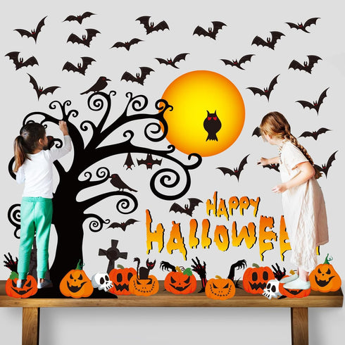 Large Happy Halloween Bulletin Board Set, Classroom Decoration with Bat Pumpkin Tree Paper Cutouts