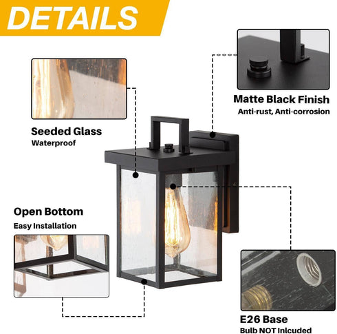 Black Outdoor Wall Lights, Farmhouse Exterior Wall Sconces Light Fixture with Seeded Glass, Modern Square Waterproof