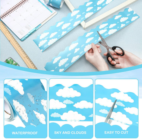 Blue Sky Clouds Bulletin Board Border Scalloped Classroom Borders for Bulletin Board Decor, Blue Board Trim (1 Pcs)