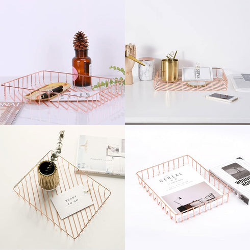 Okllen 3 Pack Wire File Tray, Rose Gold Paper Tray Desk Letter Tray for Office, Large Documents Storage Basket Organizer