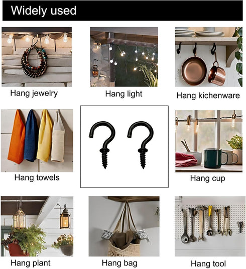 5/8 Inch Small Black Ceiling Hooks, Screw-in Light Hook DIY Jewelry Hooks (60 Pack)