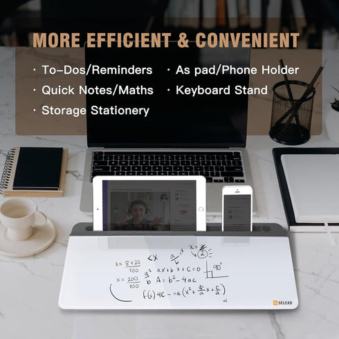 SELEAD Desktop Glass Whiteboard - Small Dry Erase Board with Organizer, Markers, Eraser, Holder for Home, School, Office