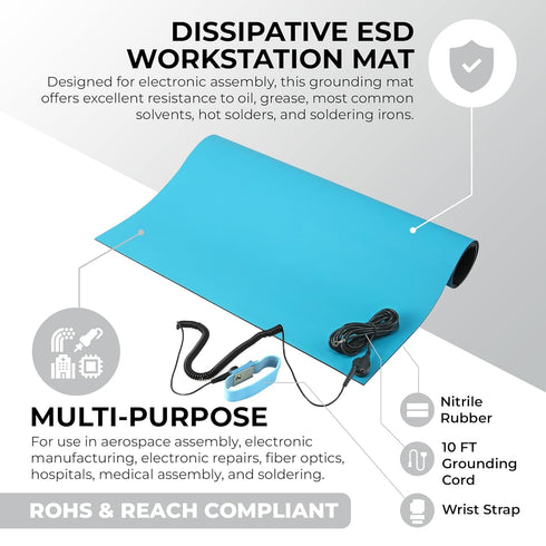 MWRF ESD Mat Kit with Wrist Strap and Grounding Cord - 18" x 30", Blue
