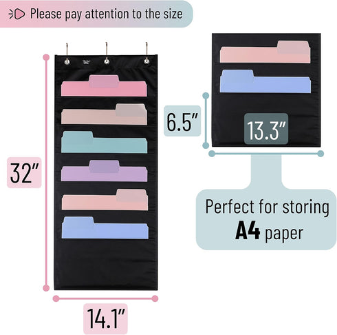 Mr. Pen Hanging Wall File Organizer, 6 Pocket, Black, Over The Door File Organizer with 3 Overdoor Hangers