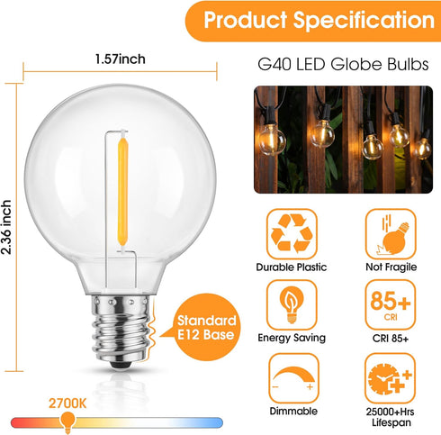 Mlambert G40 LED Replacement Light Bulbs for String Lights, Dimmable E12 Base, 1W Equal to 5W, Warm White 2700K, 25 Pack