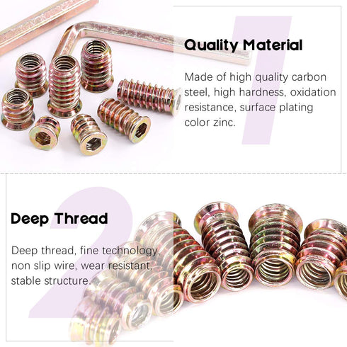 Swpeet 122Pcs Carbon Steel Color Zinc Plated Furniture Screw in Nut Threaded Wood Inserts Bolt Fastener Connector
