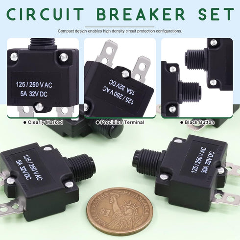 Keadic 40 Pcs Push Button Circuit Breaker Assorted Set, 5/10/15/20/30A, AC125-250V, 32VDC
