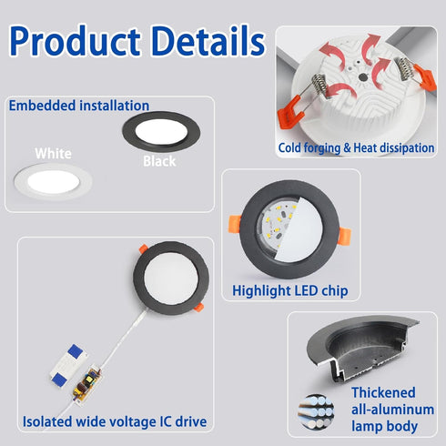 UEGFSIJRF 2-Inch 6000k 3W 180LM 2 Pack(2pack,6000k) Ultra-Thin Recessed Lighting Kit - LED Downlights White Panel