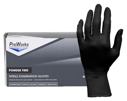 Proworks GL-N145FL 5 mil Powder-Free Nitrile Exam Gloves, Medical Grade, Black, Large, Box of 100