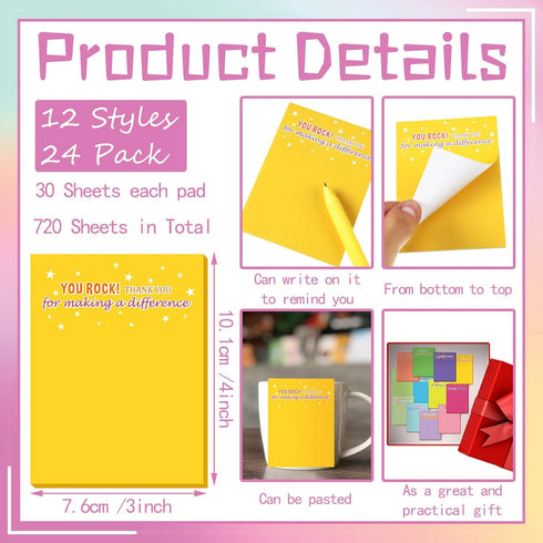 Teling 24 Pcs Inspirational Sticky Notes 3 x 4 Inch Rainbow Appreciation Sticky Notes Motivational Memo Pads Cute Sticky Note Employee Appreciation Gifts for Women Nurse Teacher (Thankful) by Teling