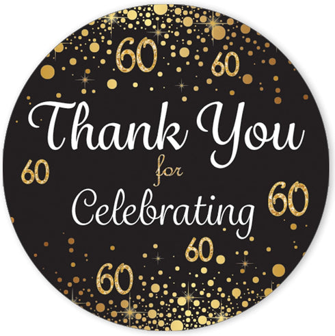 Black and Gold 60th Birthday Party Thank You Stickers, Set of 40 Stickers