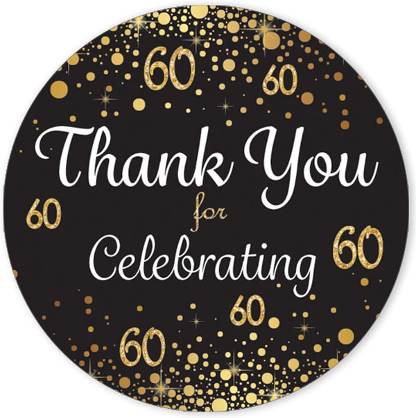 Black and Gold 60th Birthday Party Thank You Stickers, Set of 40 Stickers