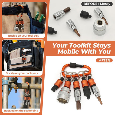 Swozzto 1/2" 5PCS Set,Heavy-Duty Toolbox,Drive Socket Holder Keychain Quick-Release Organizer with Locking Clip,Impact