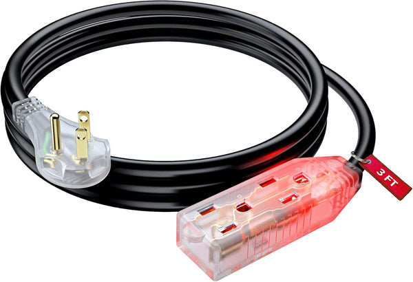 Maximm Flat Plug Extension Cord, 3 Feet 16 AWG/Wire, Multi Outlet with 3 Prong Angled Plug, ETL Listed - Black
