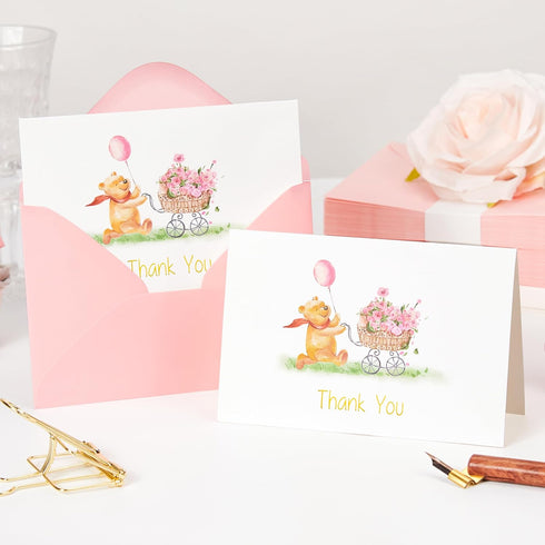 50 Pack Crisky Baby Shower Girl Thank You Cards with Envelopes Pink Baby Shower Greeting Notes Bulk (Cute Bear
