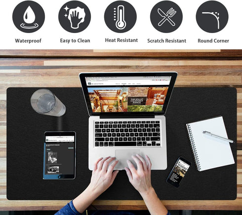 Desk Pad Protector Mouse Pad, Non-Slip PVC Leather Desk Mat for Office, Waterproof Writing Pad (Black, 14" x 30")