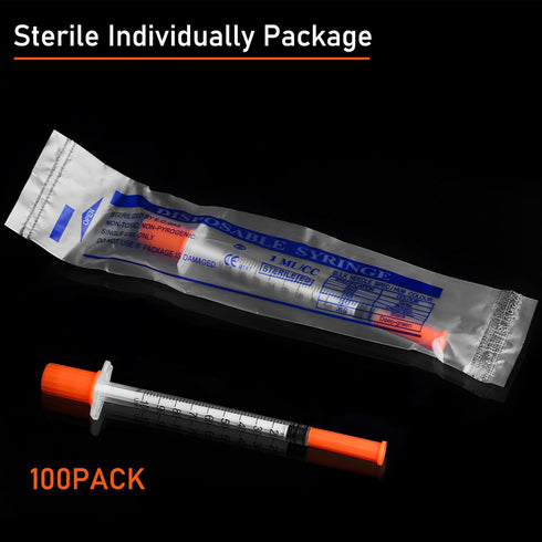 1ml Syringe with Needle, 31G 5/16 Inch, Individually Wrapped, Pack of 100