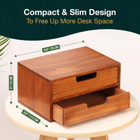 Double Drawer Desktop Storage Organizer, Modern Wood Design 2-Drawer Stackable Unit, Mahogany Wood