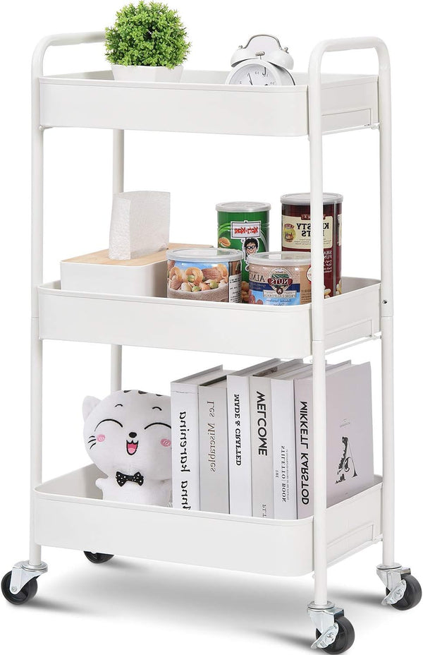 TOOLF 3-Tier Rolling Cart, Metal Utility Cart with Lockable Wheels, Storage Organizer for Office, Bathroom, Kitchen