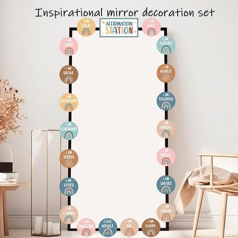 BOHO Affirmation Station Bulletin Board Set Rainbow Positive Bulletin Board for Classroom Mirror Growth Mindset Decoration Inspirational Motivational Accent Cutouts for Home School Teacher Wall Supply by Naozinebi