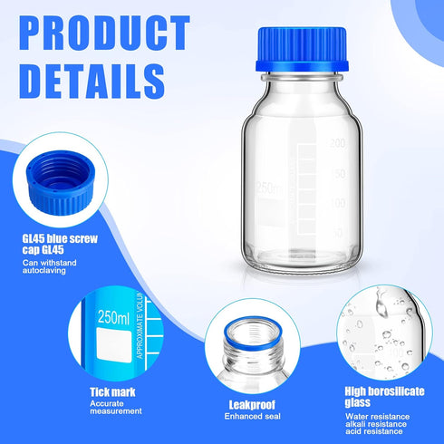 Irenare 8 Pieces Media Storage Bottles, Borosilicate Glass with Blue GL45 Screw Cap for Lab Liquids, 250 ml