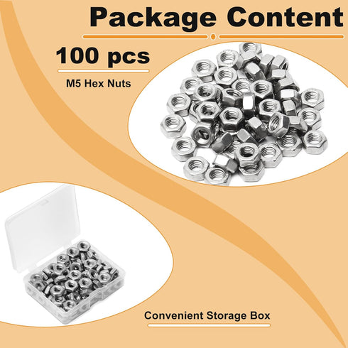 Juvielich 100pcs M5-0.8 304 M5 0.8mm Hex Nut, Stainless Steel, x Tiny Nuts Fasteners, Hex Drive, Metric, Right Hand