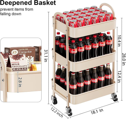 Osivaex 3 Beige Tier Rolling Cart Metal on Wheels, Three Tiered Storage Organizer Utility Trolley with Wheels for Art