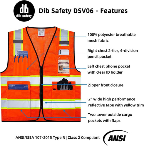 High Visibility Reflective Mesh Vest, Two Tone with Pockets and Zipper, ANSI Class 2 Compliant, Orange Mesh with Yellow